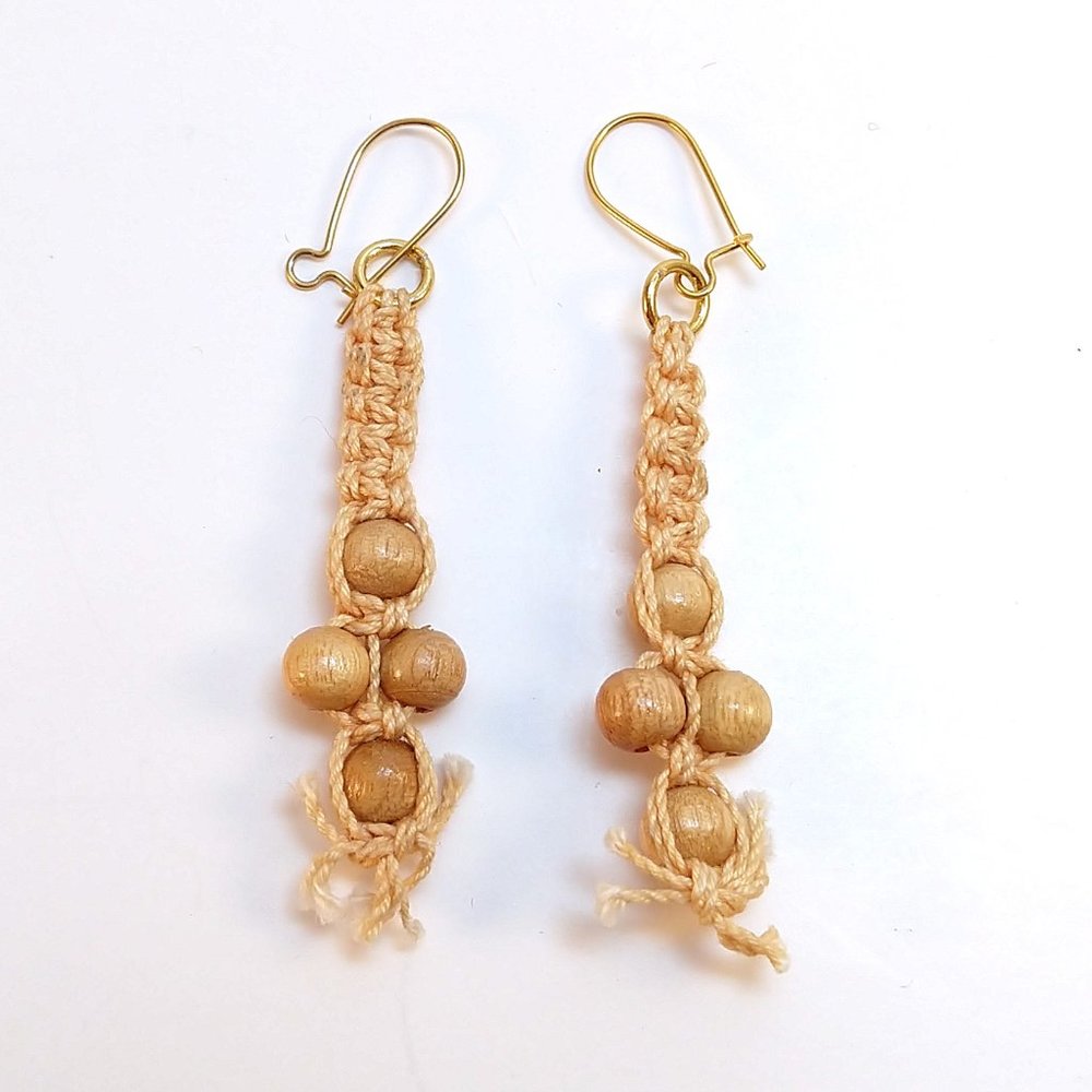 Vintage 90s Handmade Wood Braided Earrings Minimalist Boho Surfer Cottagecore